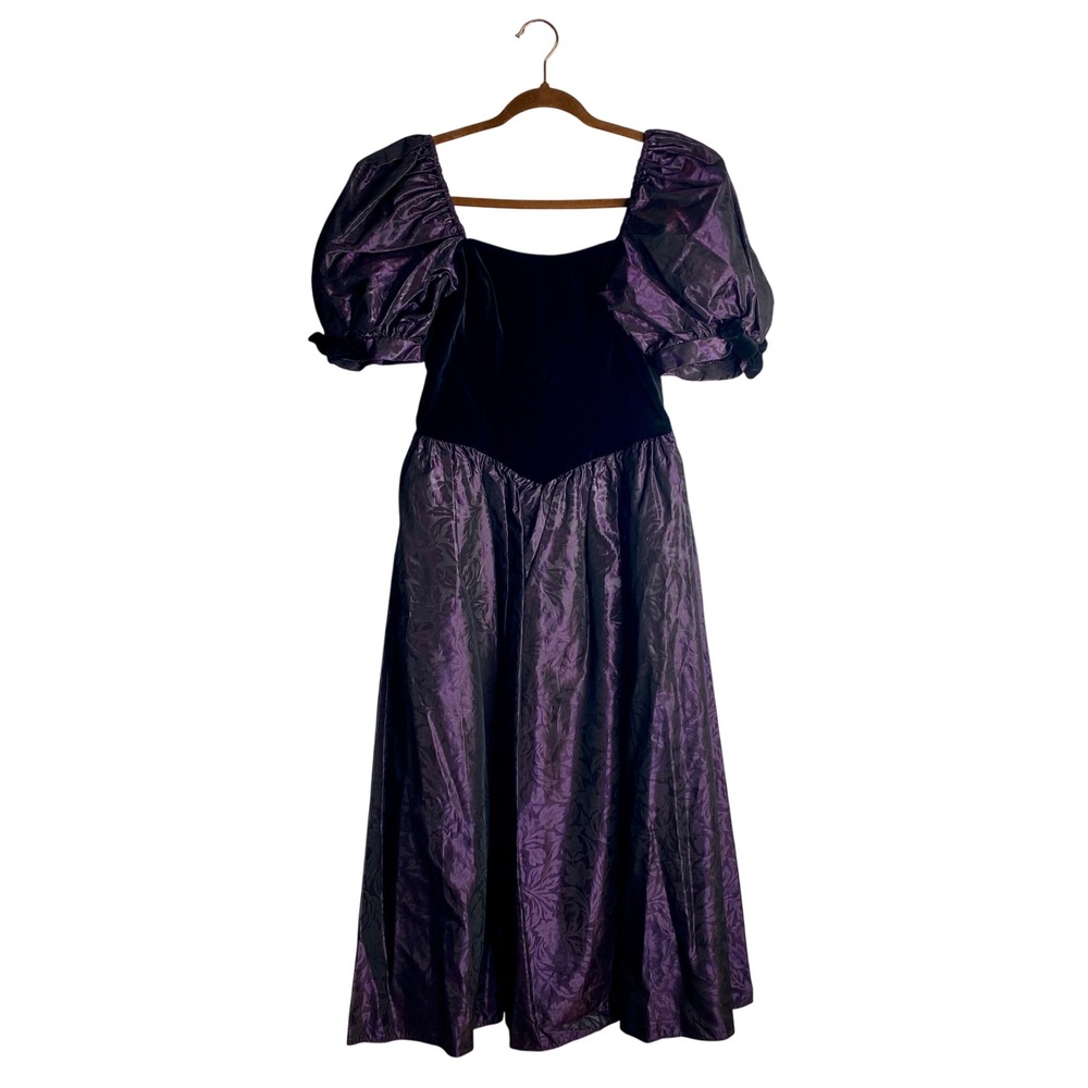 Vtg 80s Laura Ashley Velvet Damask Puff Sleeve Dress Whimsigoth Prom Purple